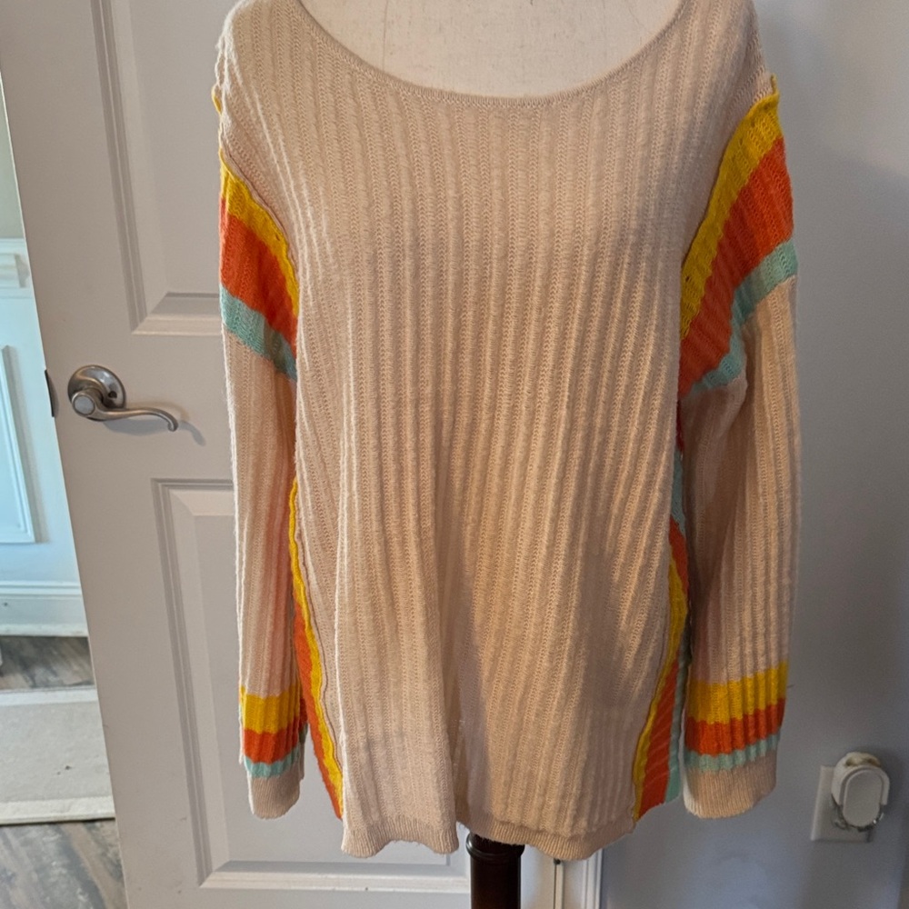 Cream Ribbed Crewneck Sweater with Multicolor Stripe Sleeves